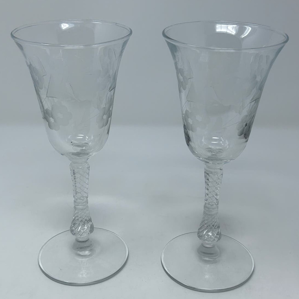 Etched Floral Set of 2 Goblet Stemmed Glasses Cut Stem 8" Tall x 3 1/2" Wide